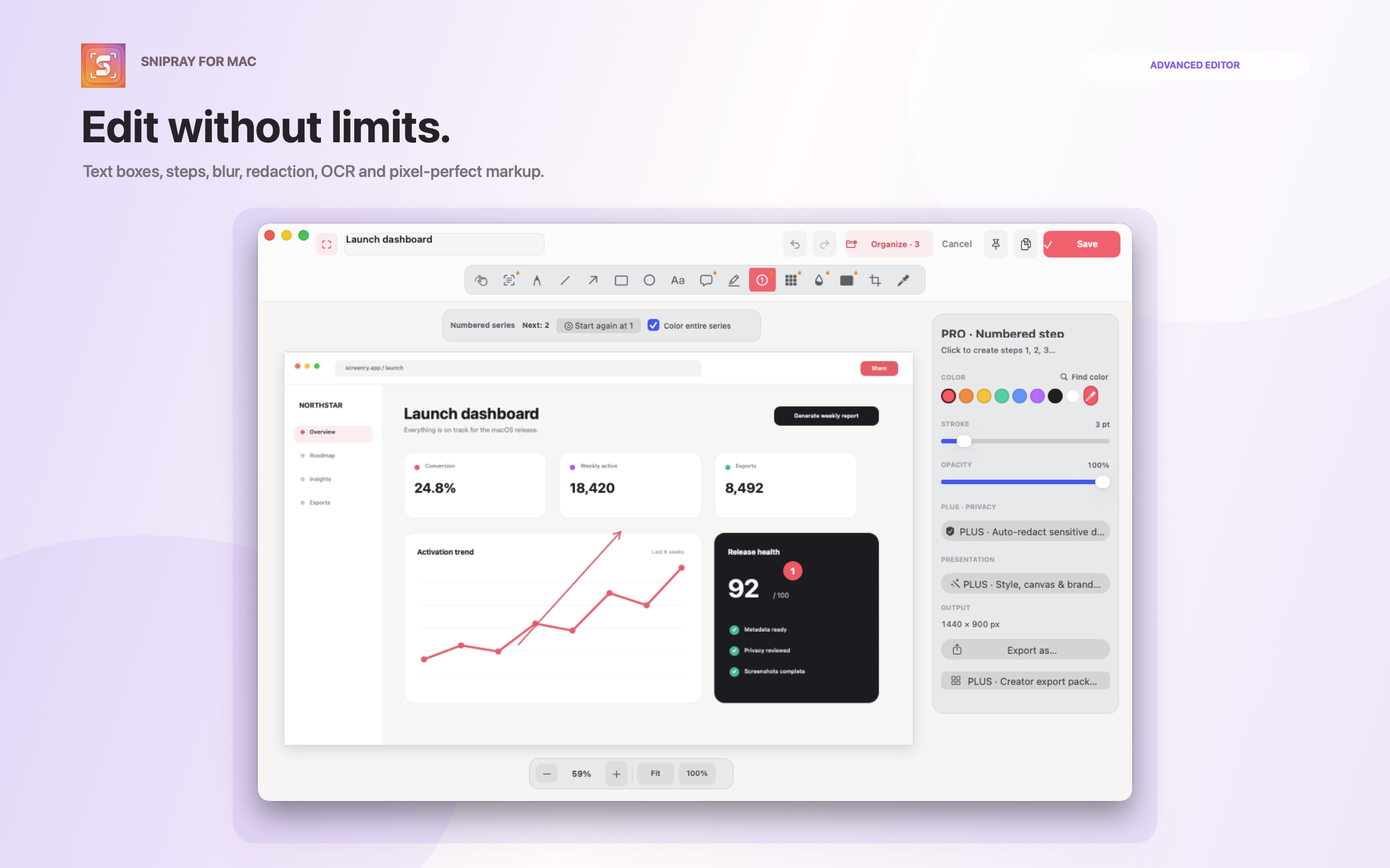 Snipray editor with annotation tools